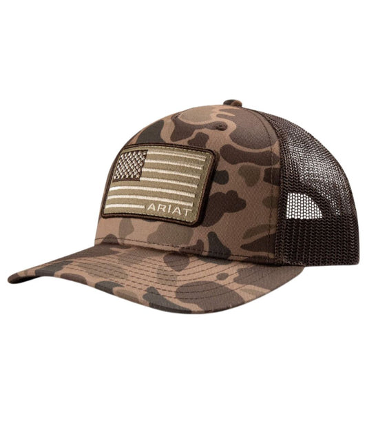 Boy's Ariat Flag Patch Cap Featuring A Camo Front Panel And Bill