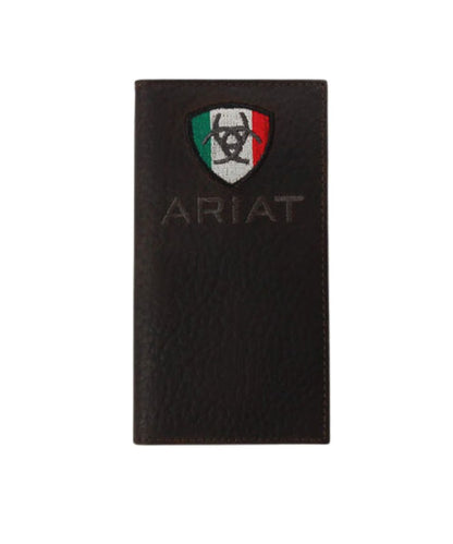 Men's Brown Rowdy Leather Wallet Featuring The Mexico Flag Ariat Shield Logo On The Front