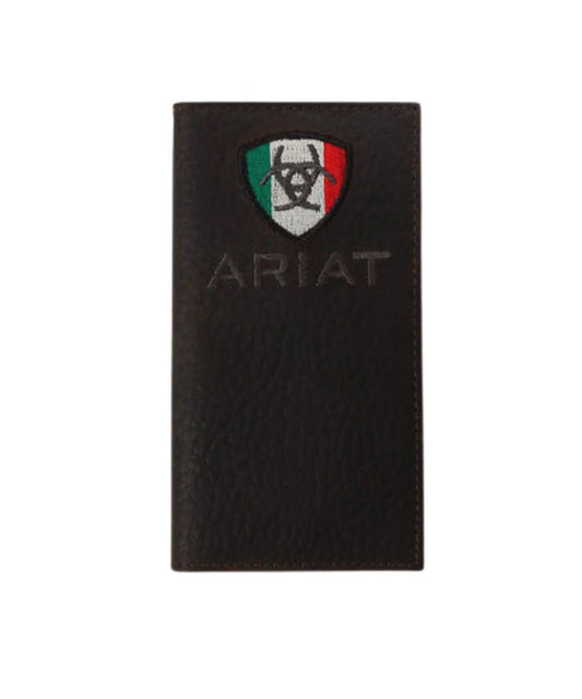 Men's Brown Rowdy Leather Wallet Featuring The Mexico Flag Ariat Shield Logo On The Front