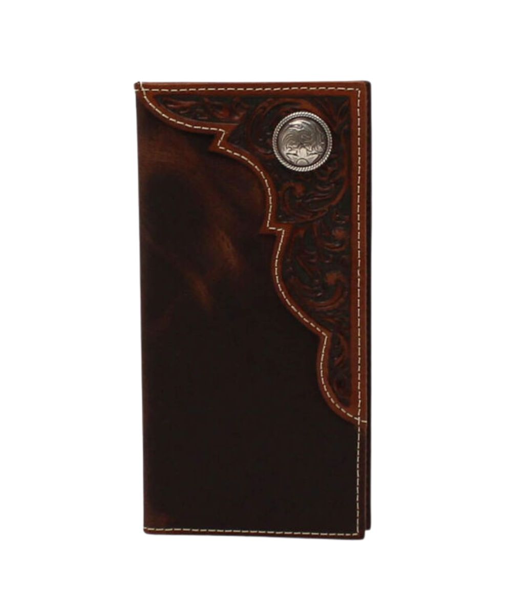 Boy's Brown Leather Rodeo Wallet With Floral Overlay And Concho
