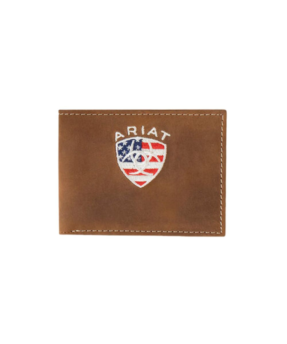 Front view of the men's brown leather bifold wallet featuring the embroidered American flag logo patch on the front