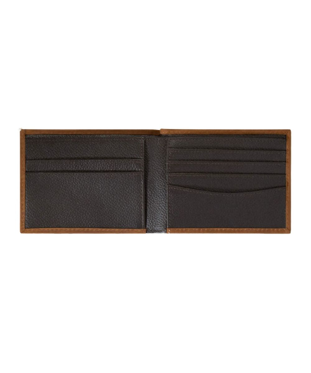 Interior view of the men's brown leather bifold wallet featuring cash and card slots inside
