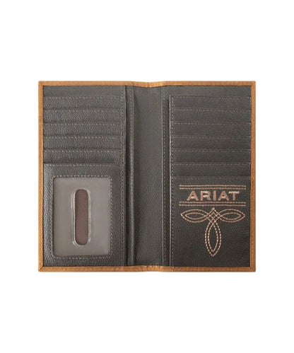 Interior view of the men's brown leather rodeo wallet featuring the checkbook slot, multiple card and cash slots, and an id window