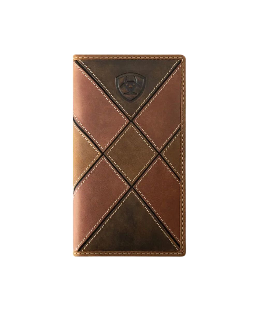 Front view of the men's brown leather Ariat rodeo wallet featuring the patchwork design