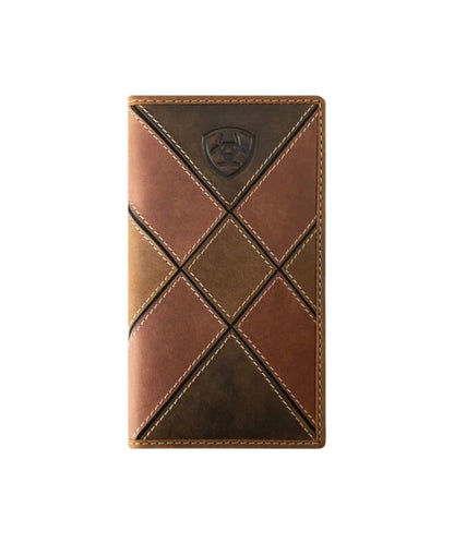 Front view of the men's brown leather Ariat rodeo wallet featuring the patchwork design
