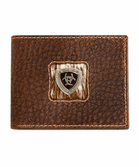 brown leather wallet with calf hair center and ariat logo shield