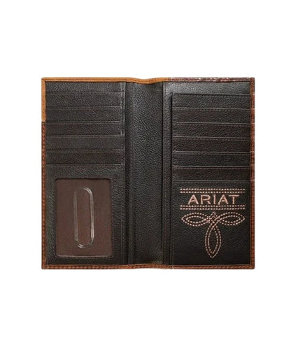 Interior view of the men's brown leather Ariat rodeo wallet featuring the id window, card and cash slots, and checkbook slot
