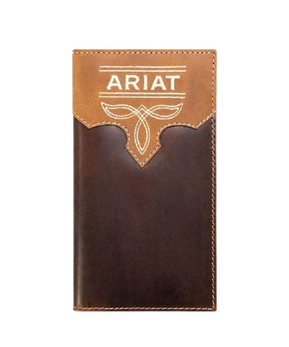 Front view of the men's brown leather Ariat rodeo wallet featuring the crazy horse leather overlay with ariat name embroidery and boot stitch design