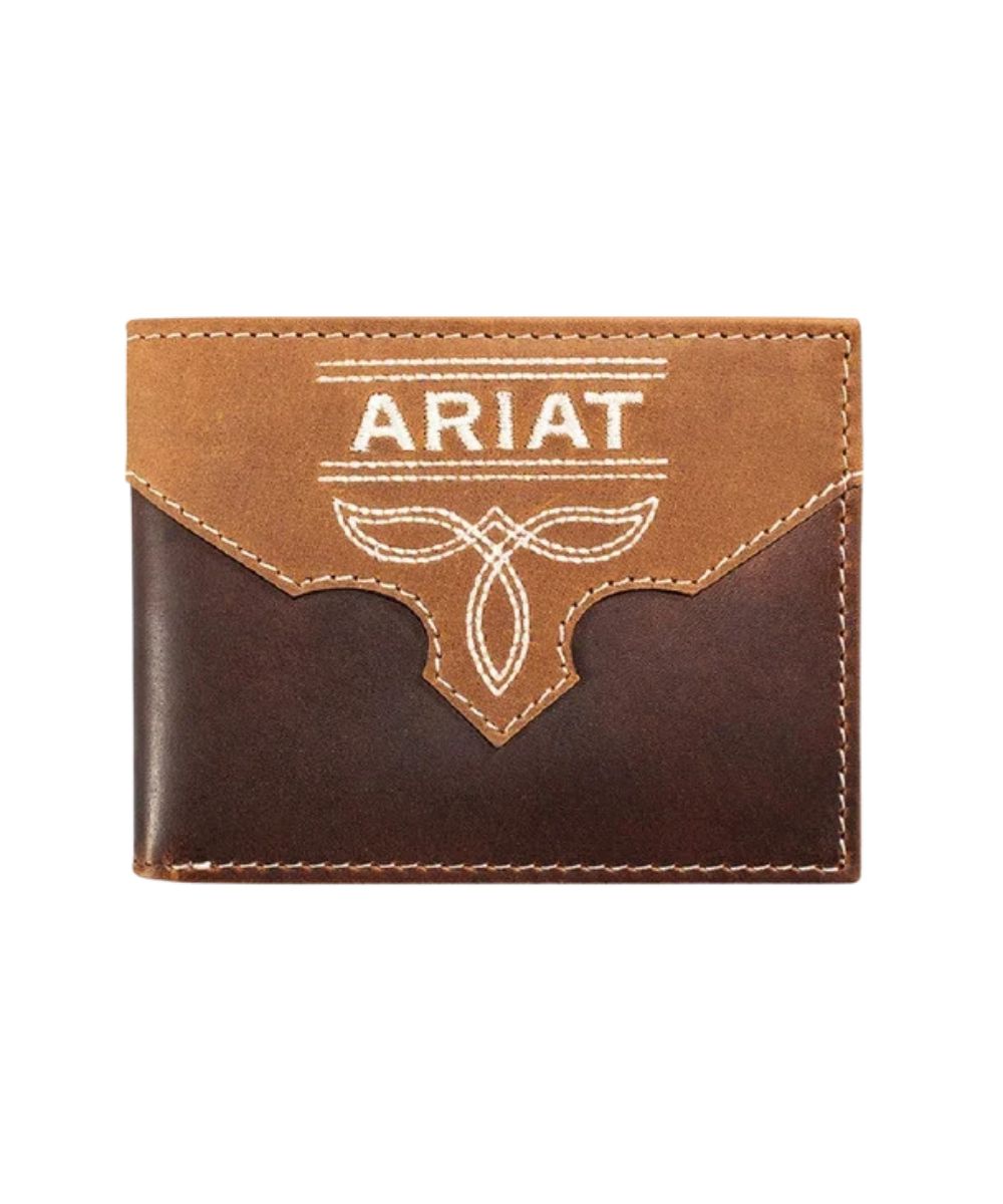 Front view of the men's brown Ariat leather bifold wallet featuring the crazy horse leather overlay with Ariat embroidery and a boot stitch design