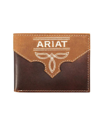 Front view of the men's brown Ariat leather bifold wallet featuring the crazy horse leather overlay with Ariat embroidery and a boot stitch design