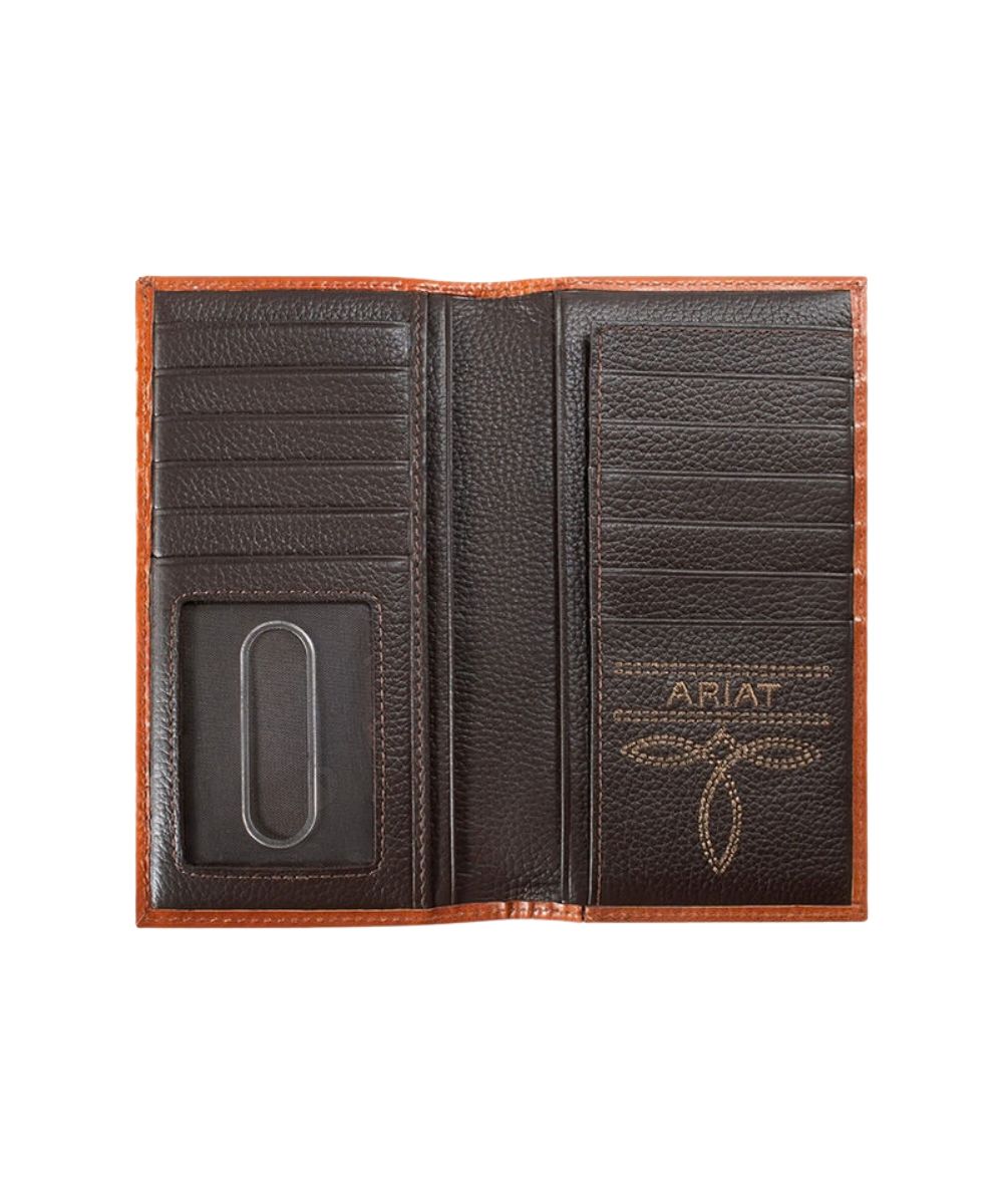 Interior view of the men's brown leather rodeo wallet featuring the multiple card slots, cash slots, checkbook slot, and ID window