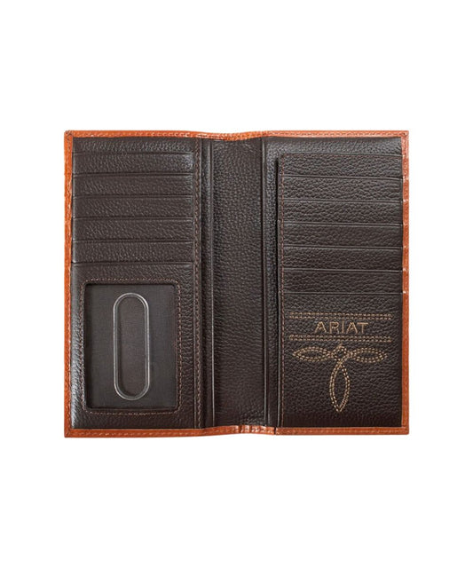 Interior view of the men's brown leather rodeo wallet featuring the multiple card slots, cash slots, checkbook slot, and ID window