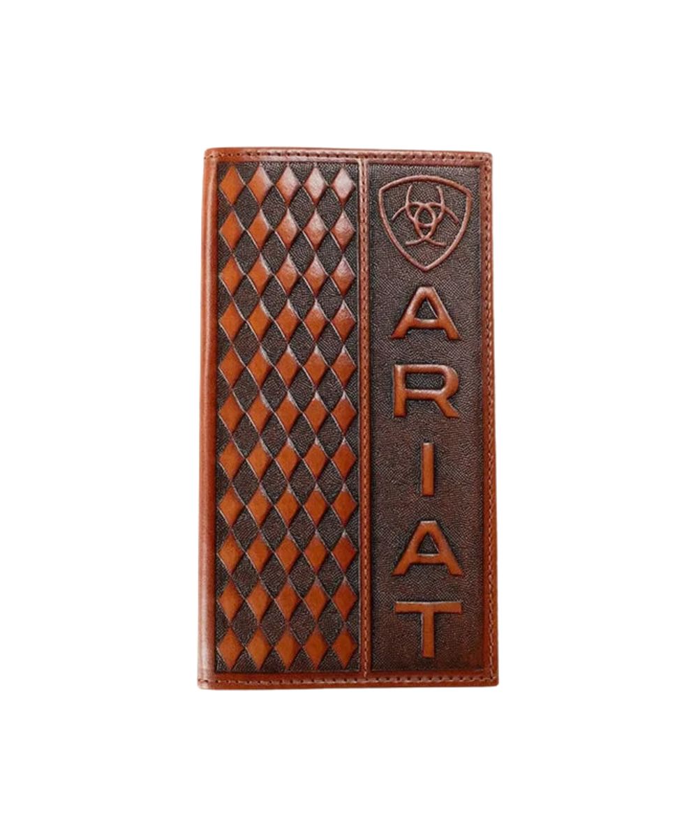 Front view of the men's brown leather Ariat Rodeo Wallet featuring the diamond embossed body with an embossed logo down the side