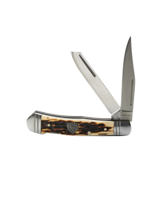 Large Ariat muskrat folding knife featuring 2 steel blades and a tan wooden handle.