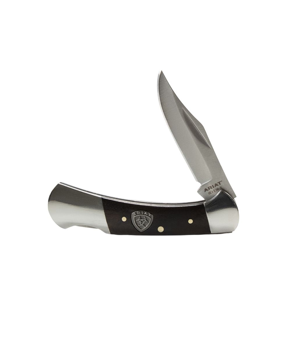 Ariat folding knife with black steel and ebony wood handle featuring a 2 1/2" steel blade.