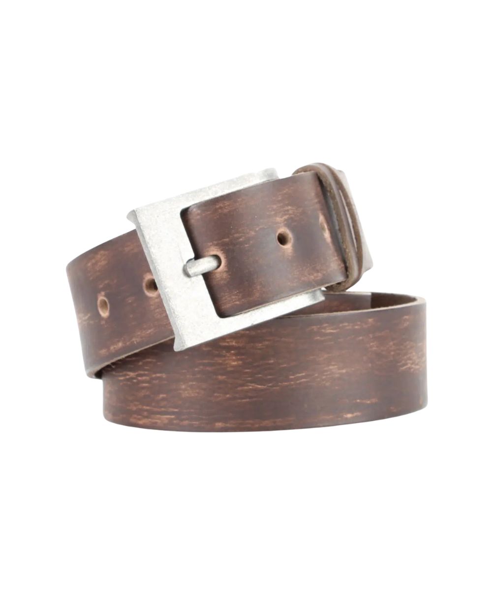 Side view of the men's distressed brown American Bison durable leather belt with natural grain featuring the antique-finished silver belt buckle and double leather keepers