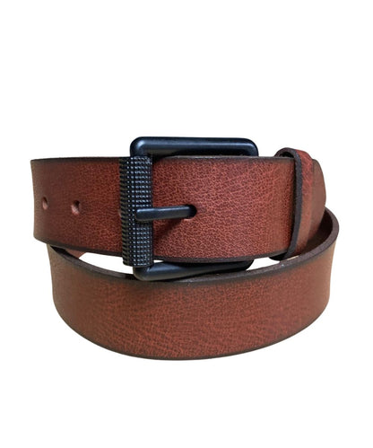 Side view of the men's tan American Bison leather belt featuring the black classic roller buckle and the smooth leather finish
