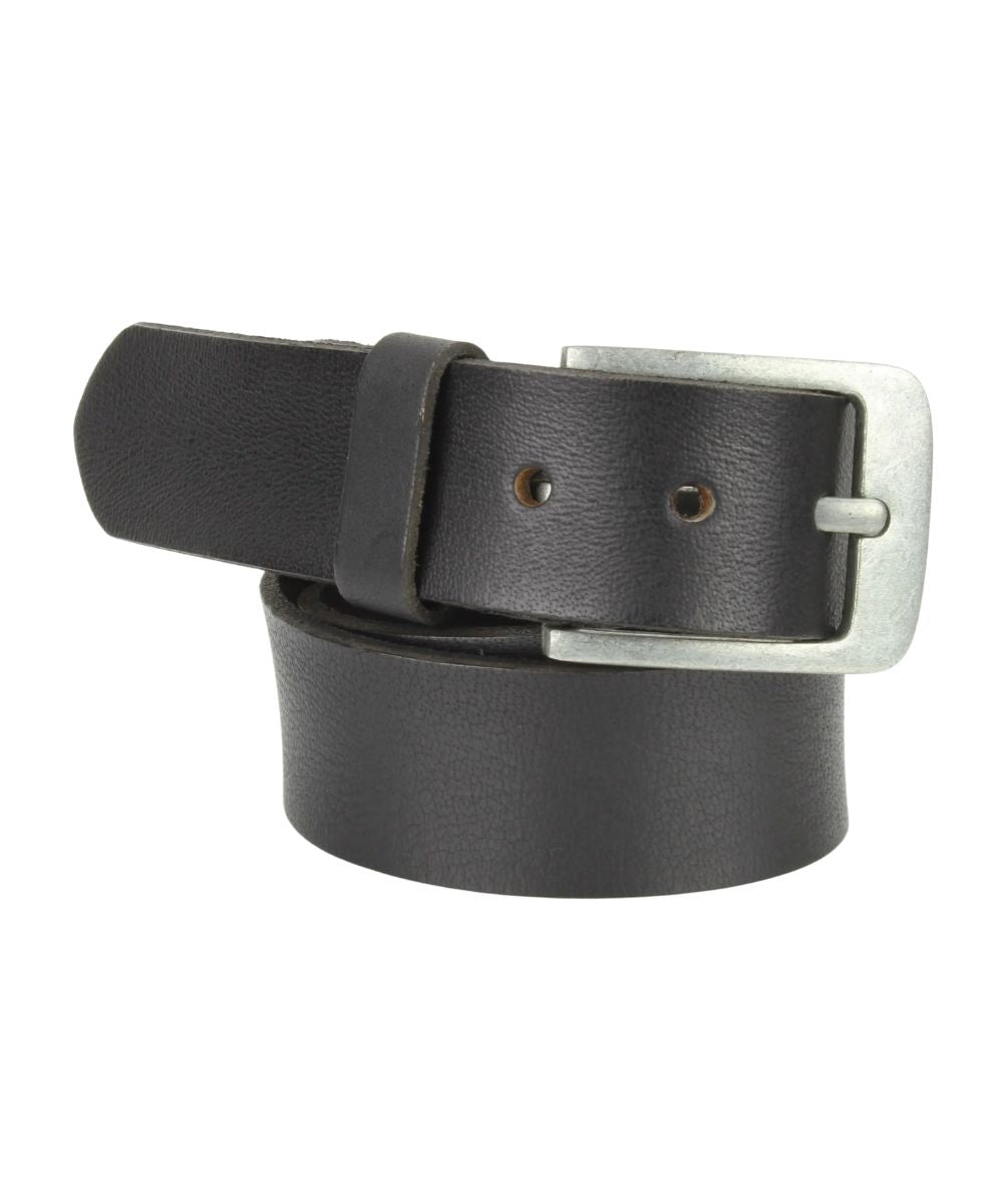 Side view of the men's black American Bison variegated leather belt featuring the silver belt buckle and single leather keeper