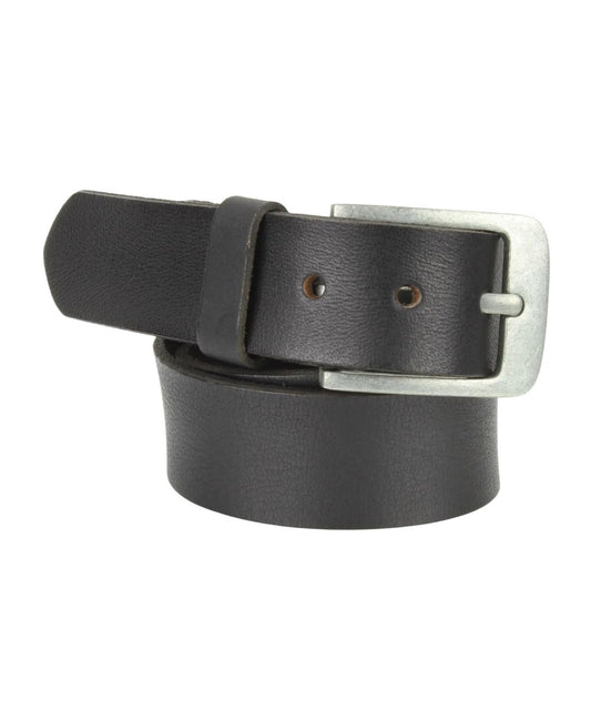 Side view of the men's black American Bison variegated leather belt featuring the silver belt buckle and single leather keeper