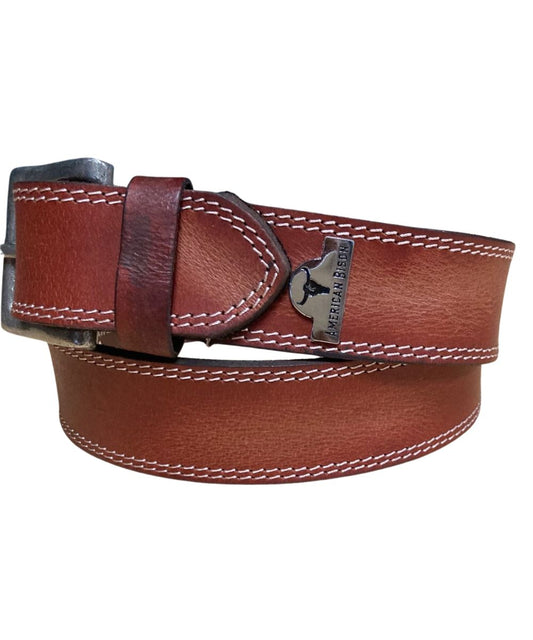 Side view of the men's tan leather belt featuring the silver logo plate 