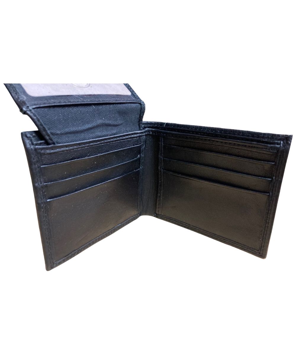 Interior view of the men's black bifold wallet featuring the flip-up id slot, 6 card slots, 1 cash compartment, and 2 slip pockets