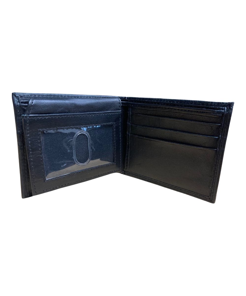 Interior view of the men's black bifold wallet featuring the id slot and card slots