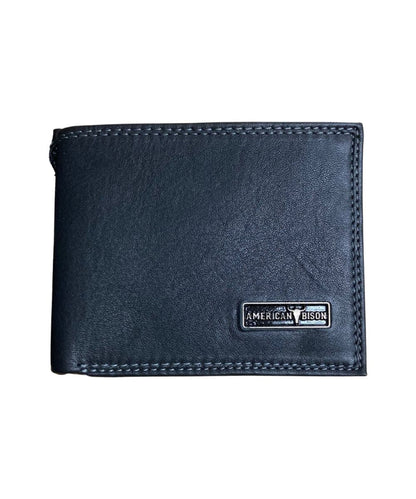 Front view of the men's American Bison smooth leather bifold wallet featuring the logo plate in the bottom right corner