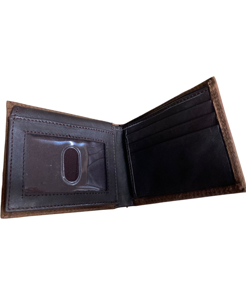 Interior view of the men's brown leather bifold wallet featuring the clear id flip-up slot, 6 card slots, 2 slip pockets, and 1 cash slot