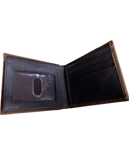 Interior view of the men's brown leather bifold wallet featuring the clear id flip-up slot, 6 card slots, 2 slip pockets, and 1 cash slot
