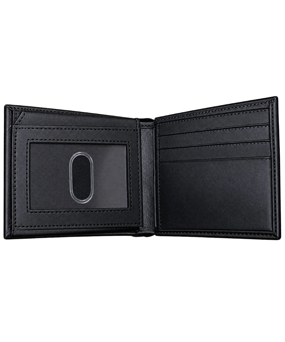 Interior view of the men's black bifold leather wallet featuring the clear id slot and interior card slots