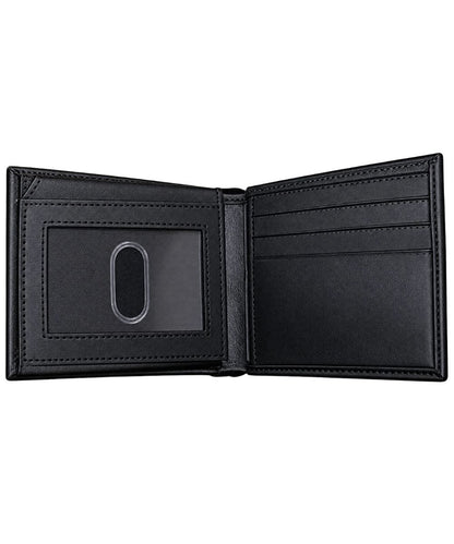 Interior view of the men's black bifold leather wallet featuring the clear id slot and interior card slots