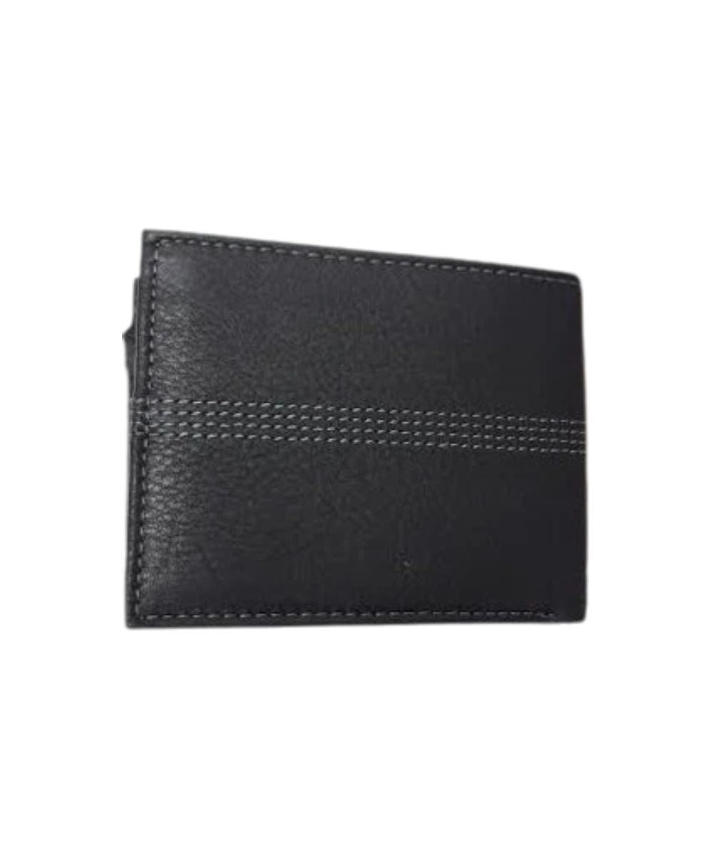 Back view of the men's black leather bifold wallet featuring the mid-stitch detailing