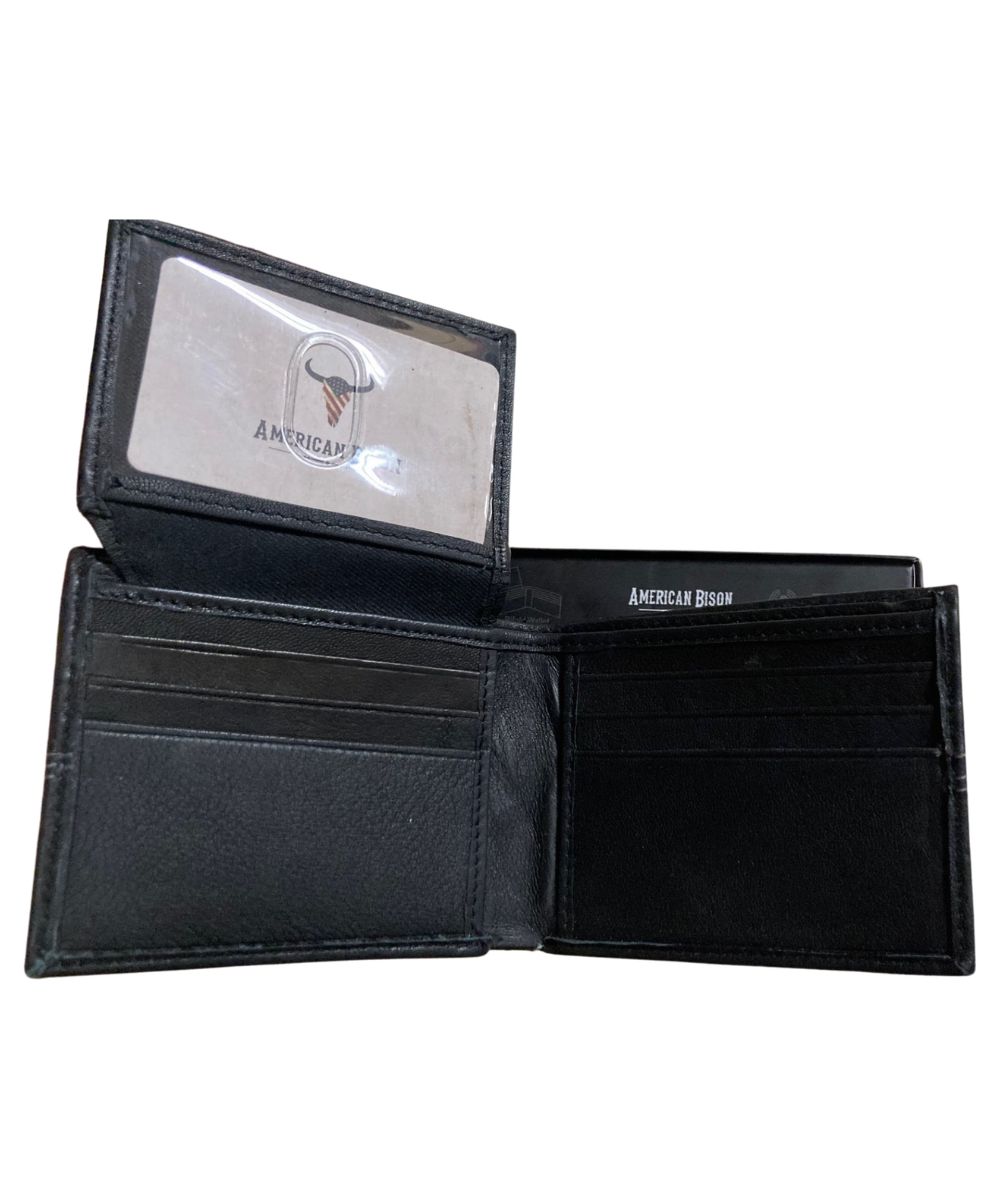 Interior view of the men's black leather wallet featuring the flip-up clear id slot, 8 interior card slots, lateral slip pockets, and 1 cash slot