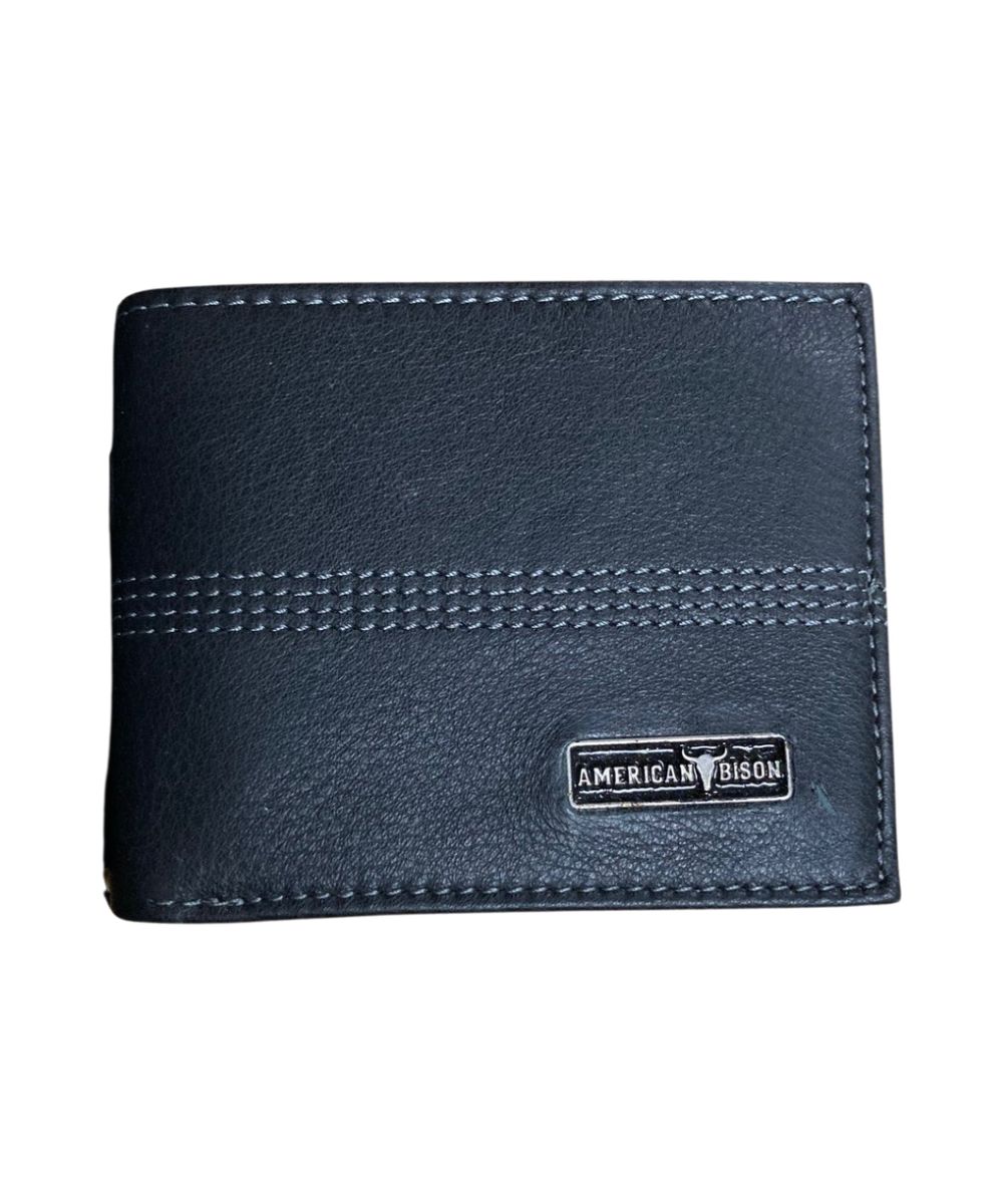 Front view of the men's black American Bison leather bifold wallet featuring the mid-stitch detailing and silver logo plate on the front