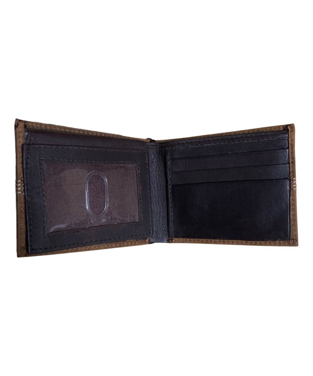 Interior view of the men's brown bifold wallet featuring the clear flip-up id slot, 6 card slots, 2 lateral slip pockets, and 1 cash slot