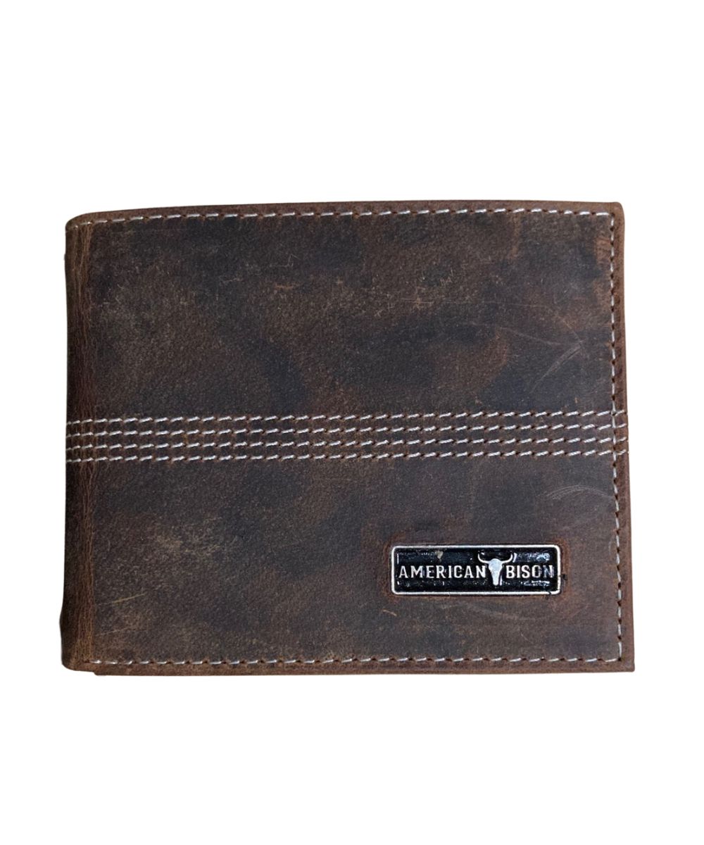 Front view of the men's brown American Bison leather bifold wallet featuring the mid-stitch detailing and silver logo plate on the front