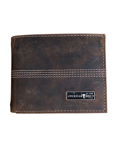Front view of the men's brown American Bison leather bifold wallet featuring the mid-stitch detailing and silver logo plate on the front
