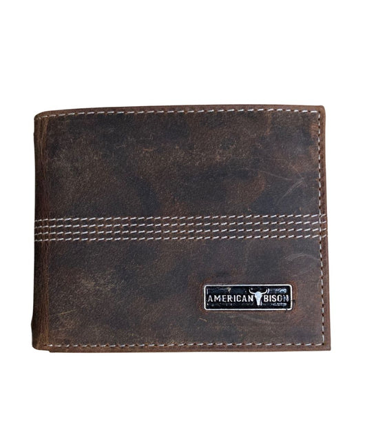 Front view of the men's brown American Bison leather bifold wallet featuring the mid-stitch detailing and silver logo plate on the front