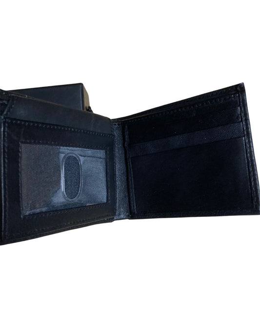 Interior view of the men's black bifold leather wallet featuring the clear flip-up id slot, 6 card slots, 2 slip pockets, and 1 cash slot