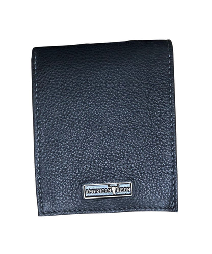 Front view of the men's black American Bison leather bifold wallet featuring the silver logo plate on the front