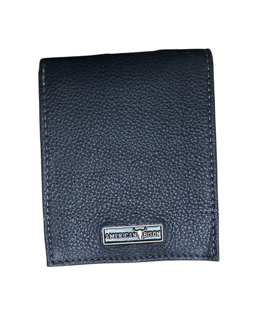 Front view of the men's black American Bison leather bifold wallet featuring the silver logo plate on the front
