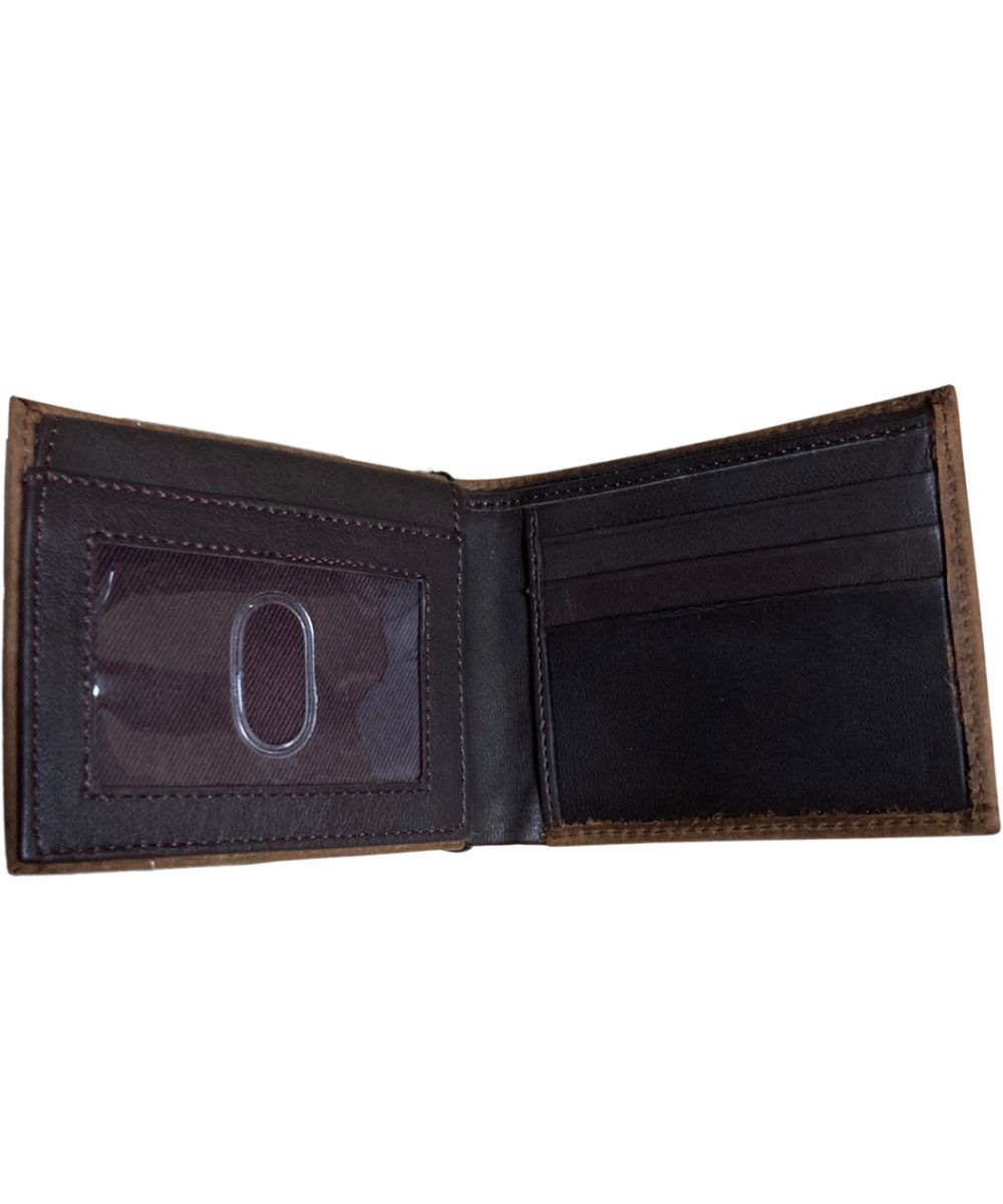 Interior view of the men's brown leather bifold wallet featuring the flip-up clear id slot flipped down