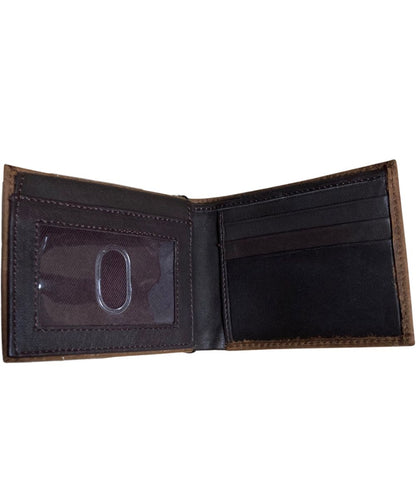 Interior view of the men's brown leather bifold wallet featuring the flip-up clear id slot flipped down