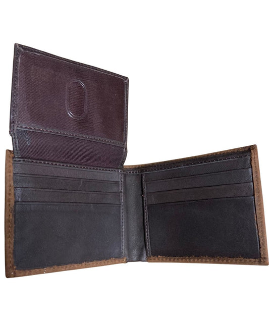 Interior view of the men's brown leather bifold wallet featuring the single flip-up clear id slot, 6 card slots, 1 cash slot, and 2 slip pockets