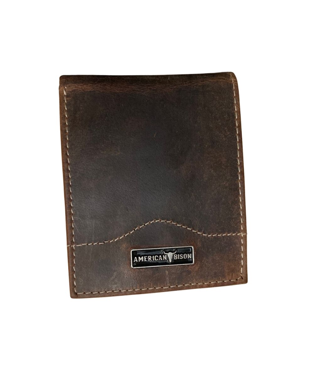 Front view of the men's brown American Bison leather bifold wallet featuring the silver logo plate on the front