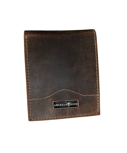 Front view of the men's brown American Bison leather bifold wallet featuring the silver logo plate on the front