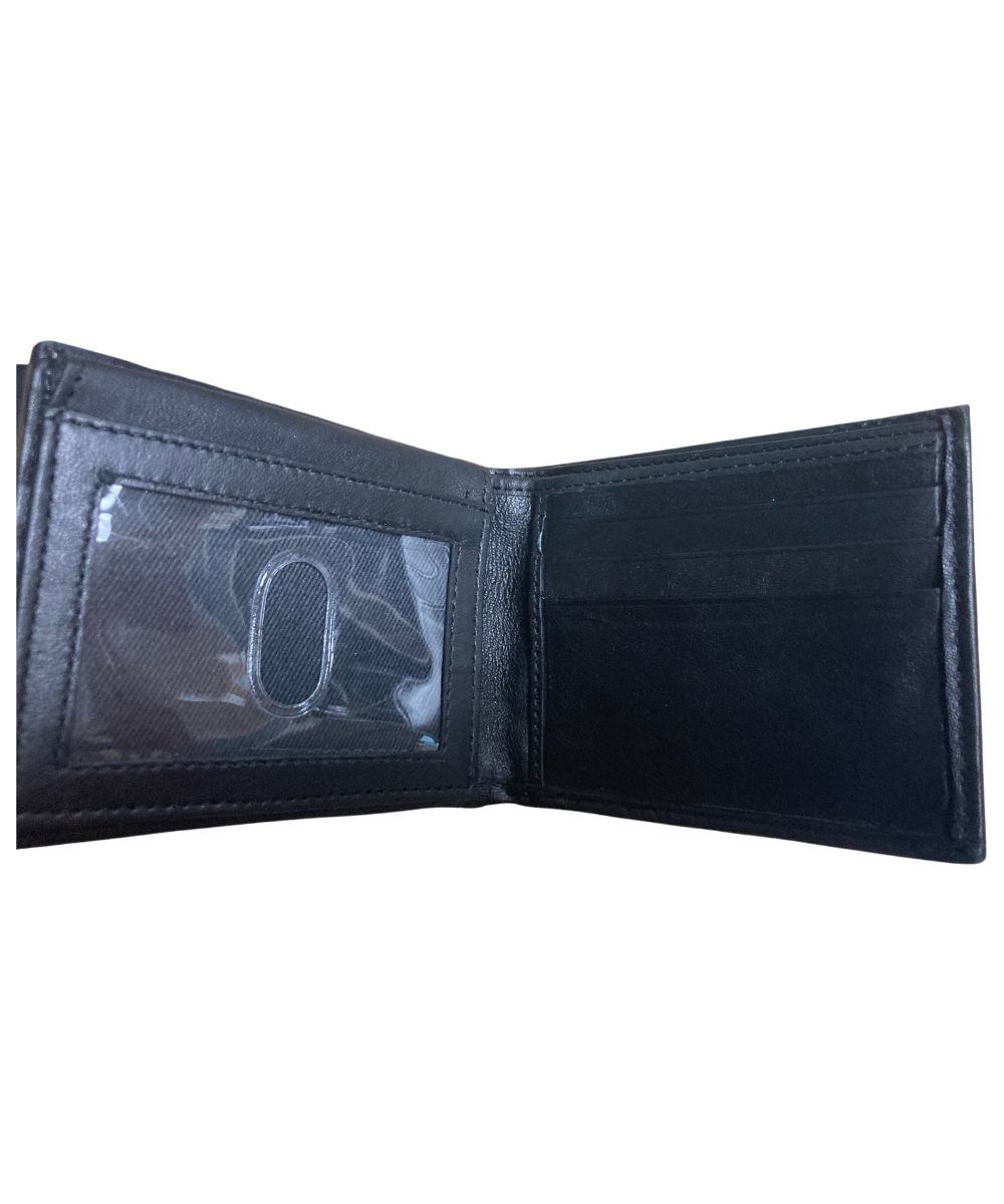 Interior view of the men's black leather bifold wallet featuring the interior clear id slot, 6 card slots, 2 slip pockets, and 1 cash slot
