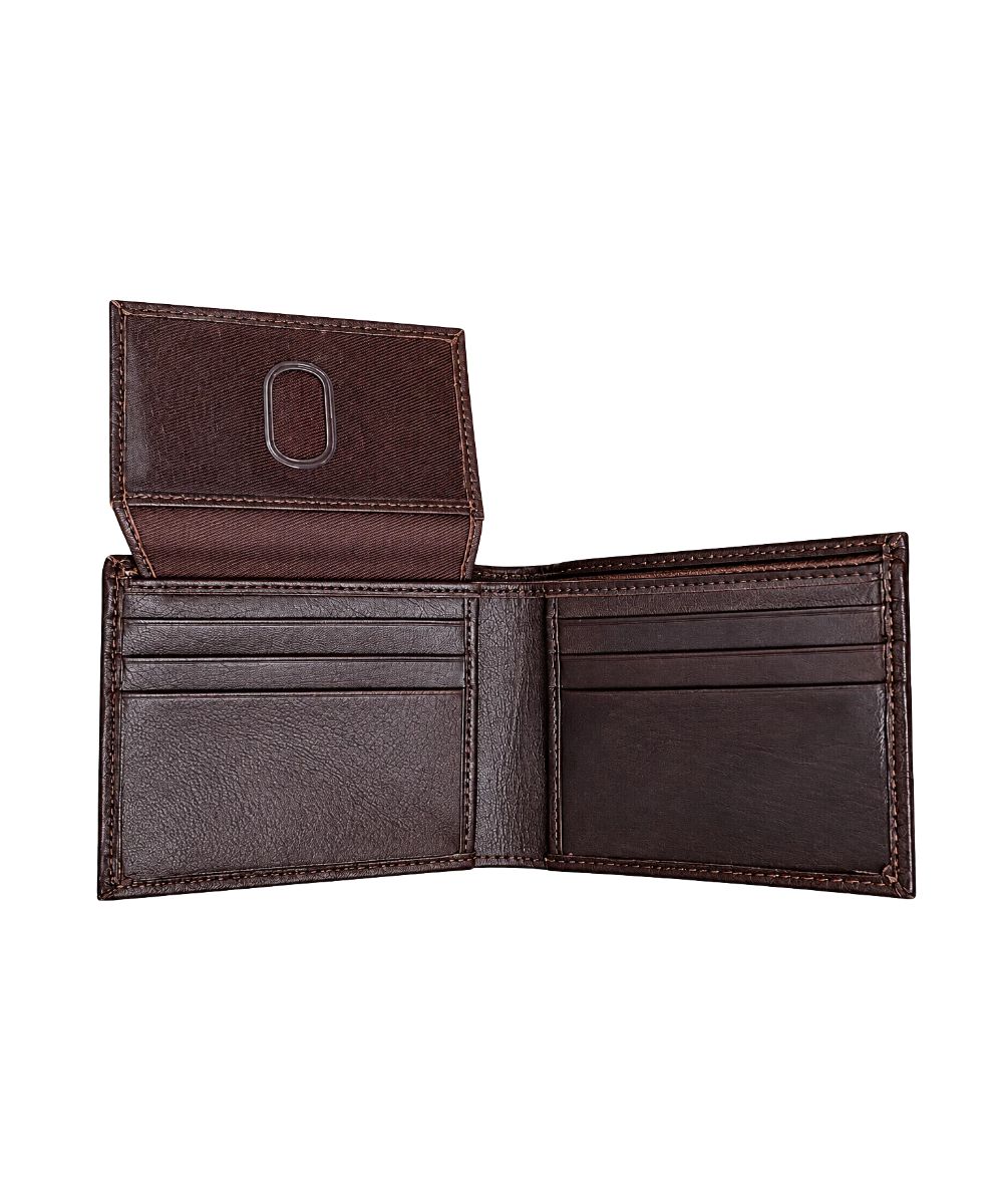 Second interior view of the men's brown leather bifold wallet displaying the id slot flipped up