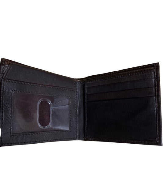 Interior view of the men's brown leather bifold wallet featuring the clear flip-up id slot, 6 card slots, 2 slip pockets, and 1 cash slot