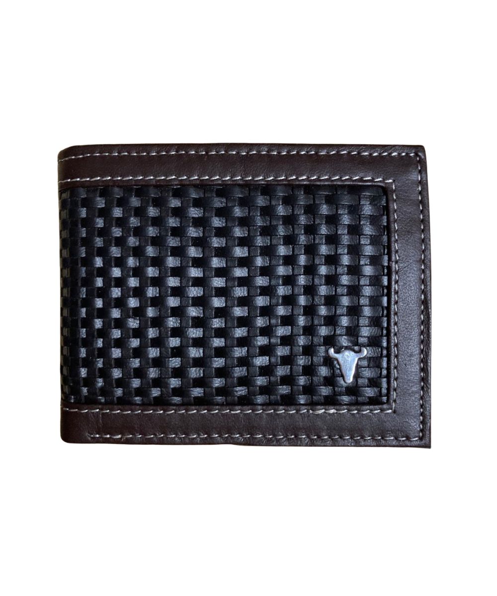 Front view of the men's brown American Bison leather bifold wallet featuring the basket weave tooling and silver logo plate on the front